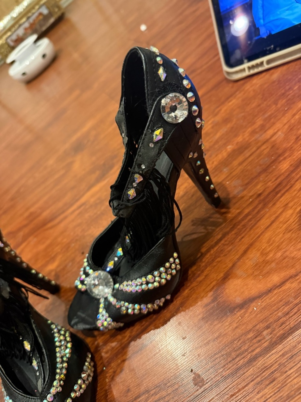 Embellished Black Fringe Evening Sandals
